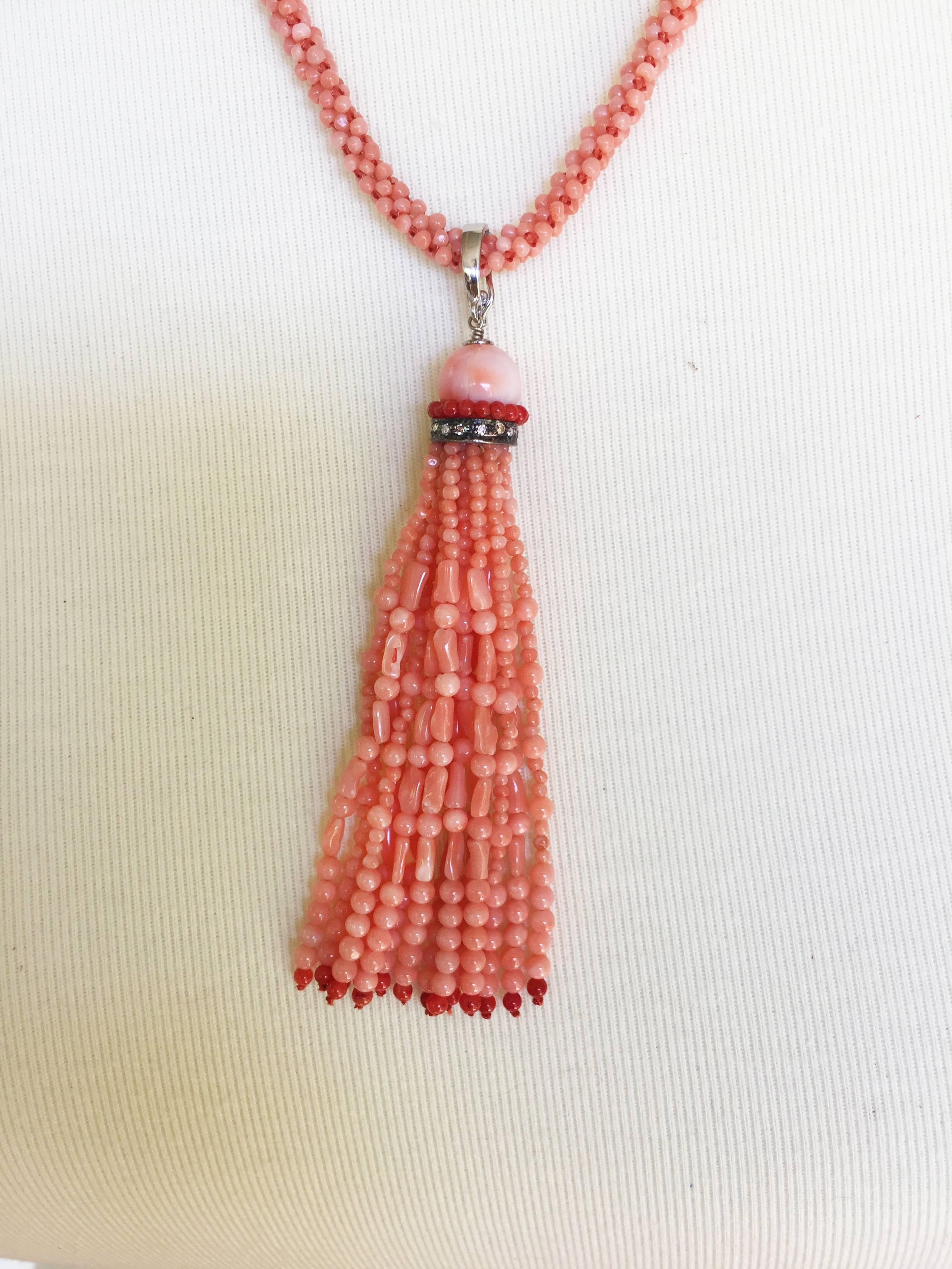 Marina J. Pink Coral Necklace with Two-Tone Coral Diamond Encrusted Tassel 2