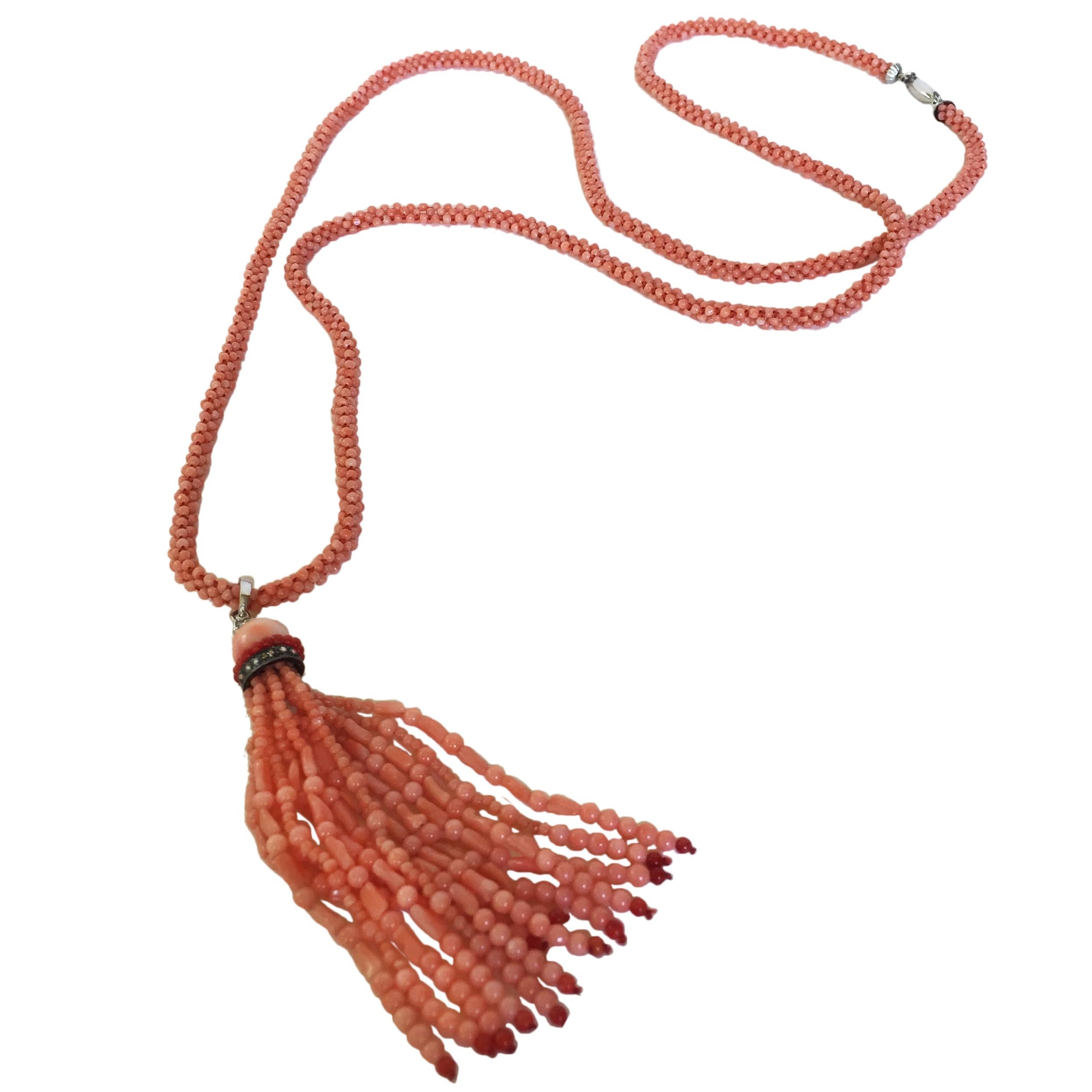 Marina J. Pink Coral Necklace with Two-Tone Coral Diamond Encrusted Tassel