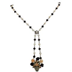 Pink Coral, Onyx, Emerald, Ruby, Sapphire, Diamond Silver/Rose Gold Necklace.