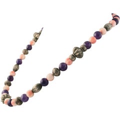Exolette Pink Coral Purple Amethyst and Patterned Silver Necklace