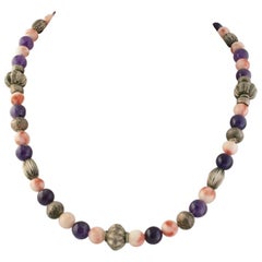 Exolette Pink Coral Purple Amethyst and Patterned Silver Necklace