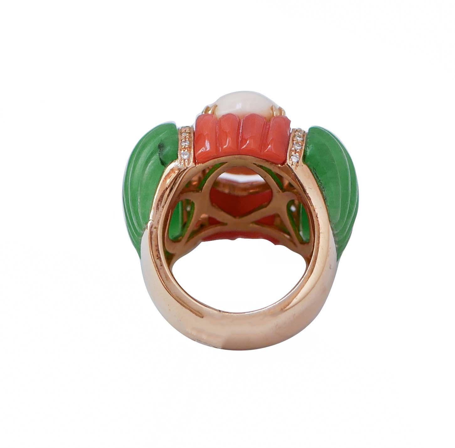 Retro Pink Coral, Red Coral, Jade, Diamonds, 14 Kt Rose Gold Ring. For Sale