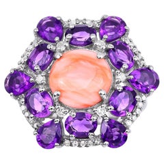 Pink Coral Ring With Amethyst 6.08 Carats Sterling Silver