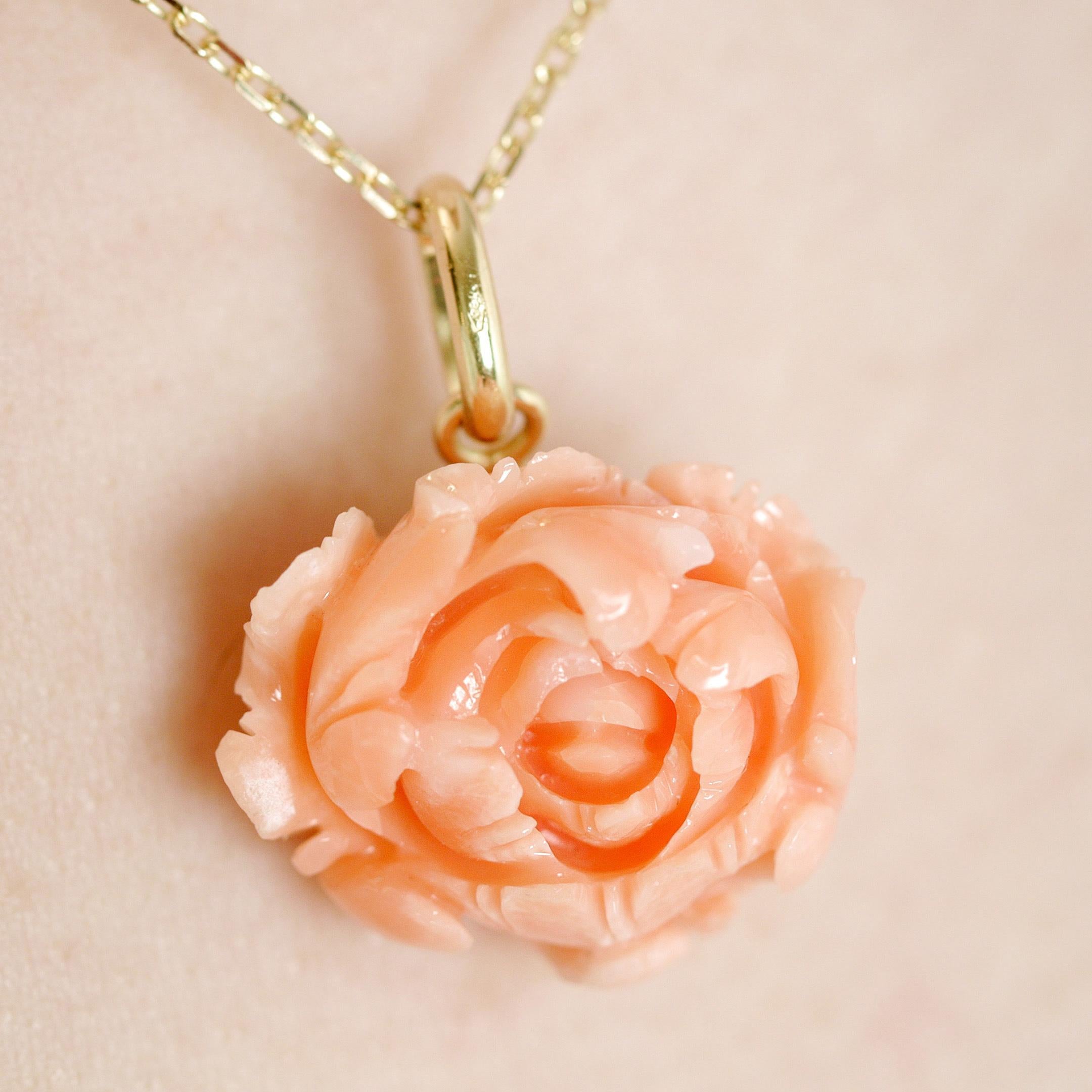 Pink Coral Rose Flower 18 Karat Yellow Gold Drop Pendant Necklace Intini Jewels For Sale 2