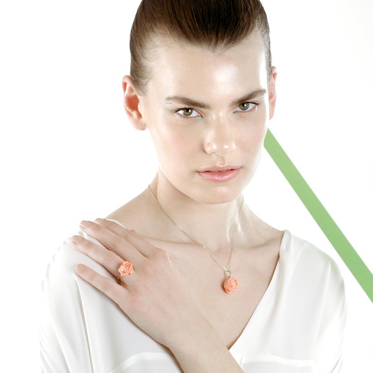 Pink Coral Rose Flower 18 Karat Yellow Gold Drop Pendant Necklace