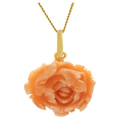 Pink Coral Rose Flower 18 Karat Yellow Gold Drop Pendant Necklace Intini Jewels