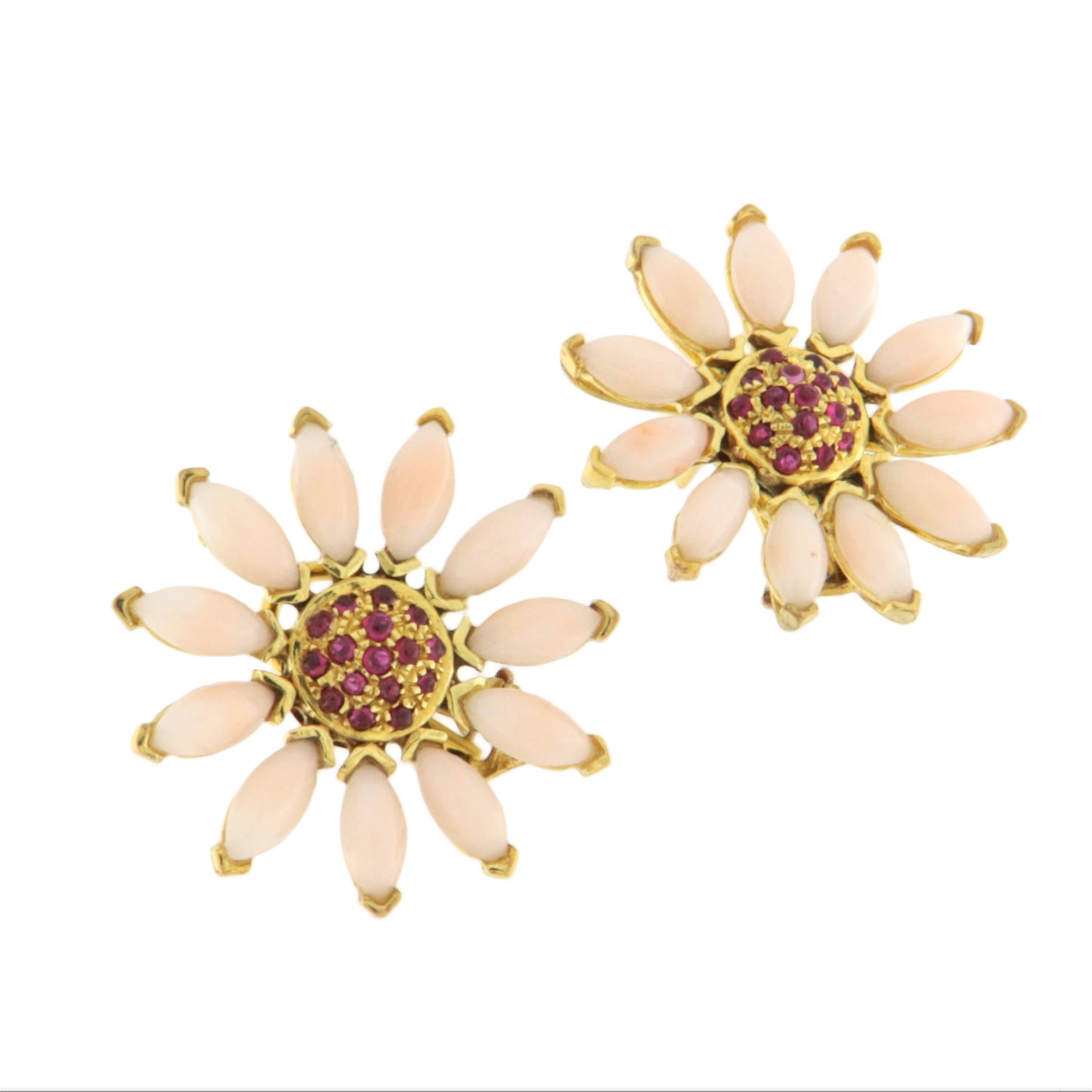 Elegant 14-karat yellow gold earrings with a refined, timeless floral design, crafted with high-quality materials and exceptional artisanal care. At the heart of each earring lies a vibrant cluster of natural round-cut rubies, set in a pavé style