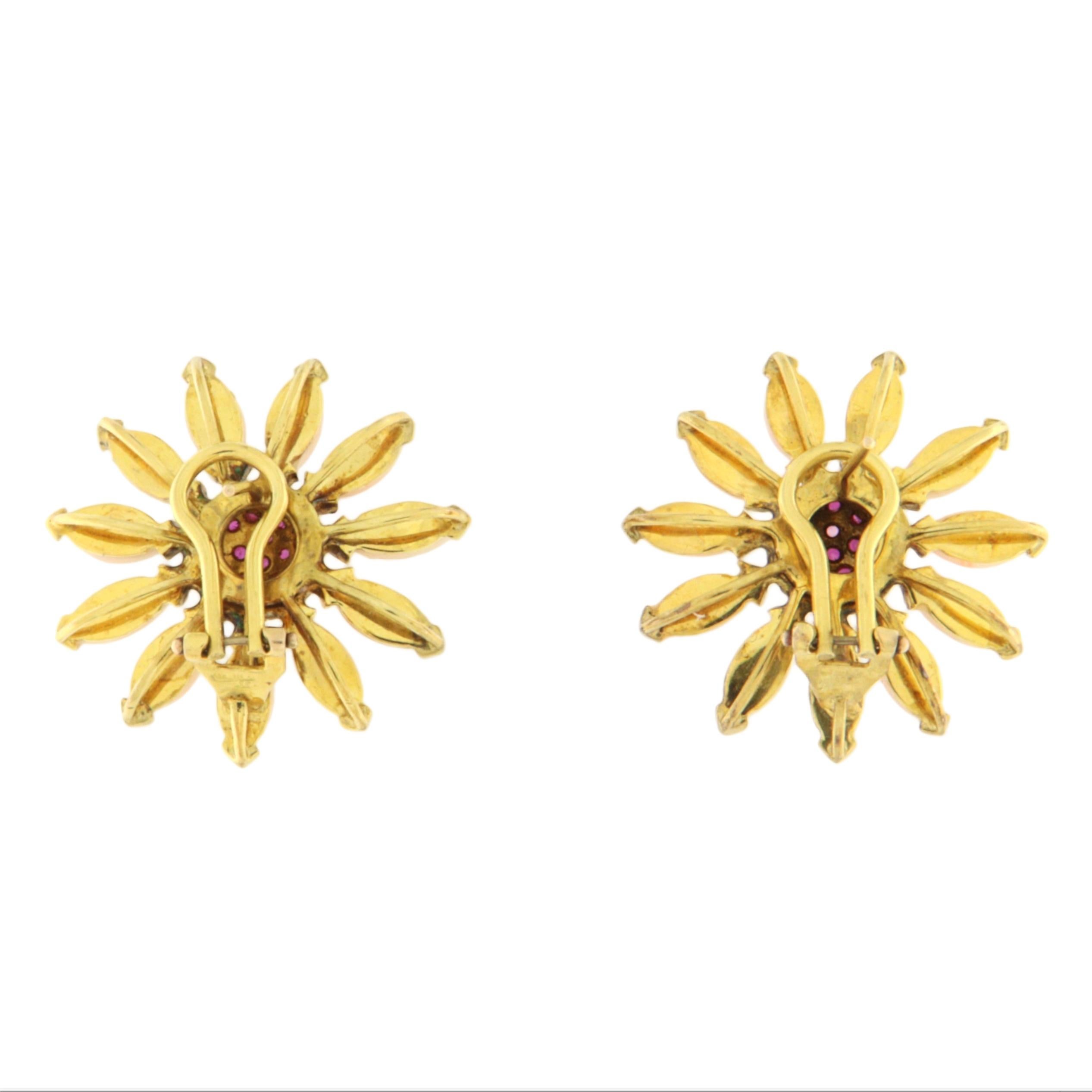 Artisan Pink Coral Rubies 14 Karat Yellow Gold Stud Earrings For Sale
