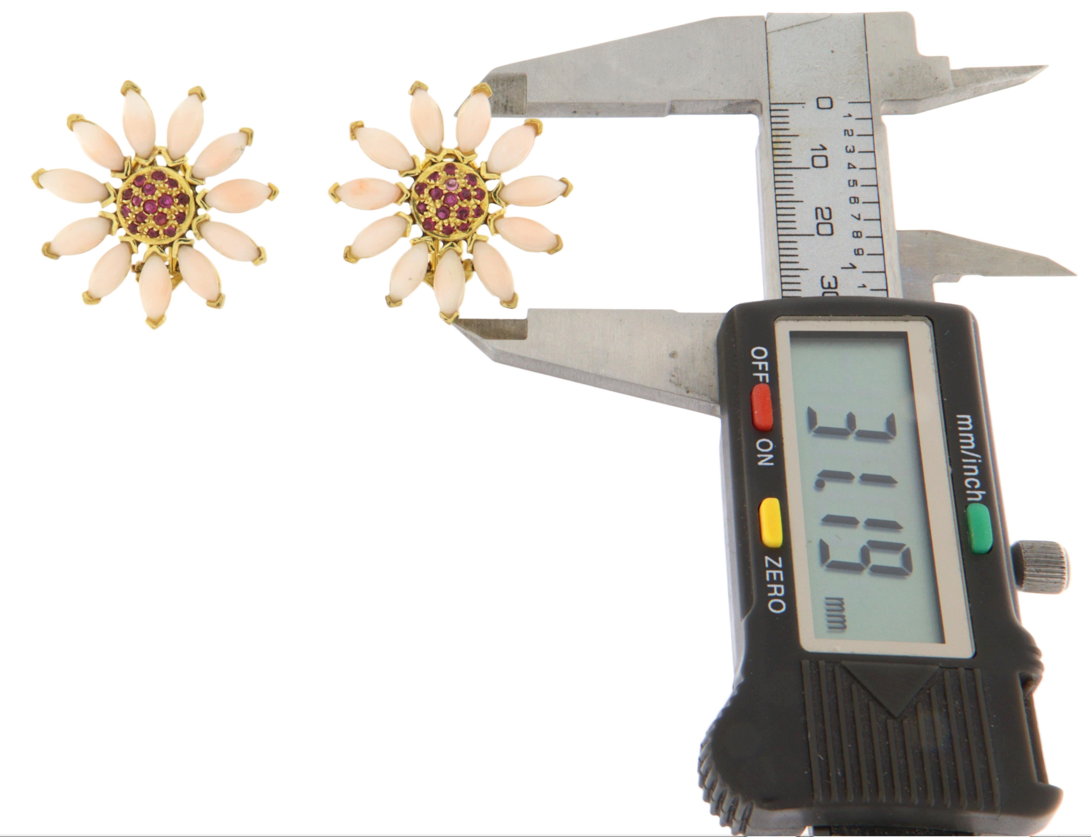 Round Cut Pink Coral Rubies 14 Karat Yellow Gold Stud Earrings For Sale