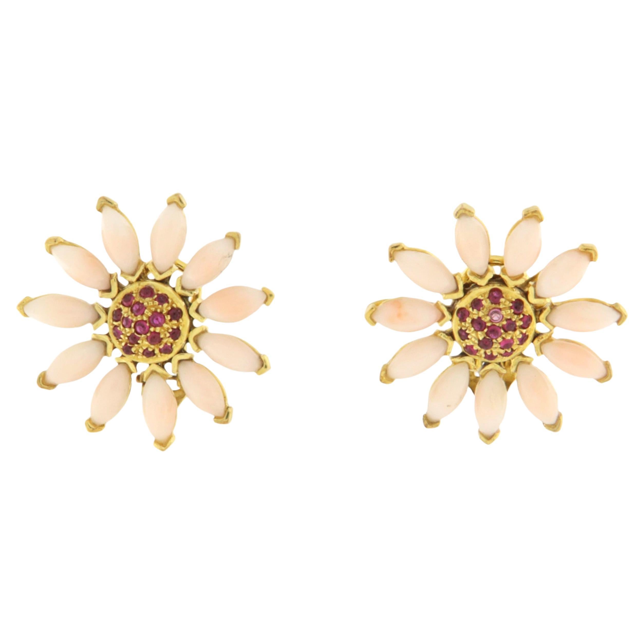 Pink Coral Rubies 14 Karat Yellow Gold Stud Earrings