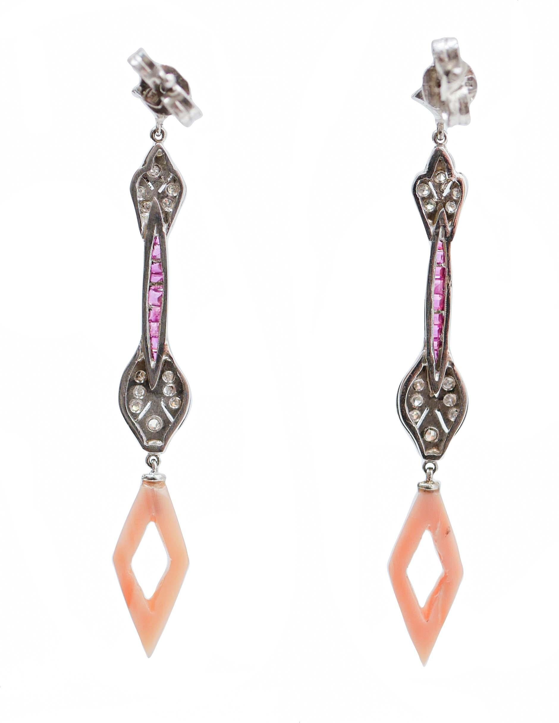 Retro Pink Coral, Rubies, Diamonds, Platinum Dangle Earrings. For Sale