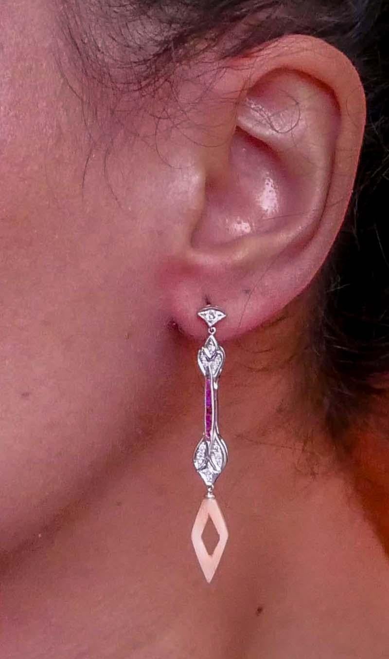 Pink Coral, Rubies, Diamonds, Platinum Dangle Earrings. In Good Condition For Sale In Marcianise, Marcianise (CE)
