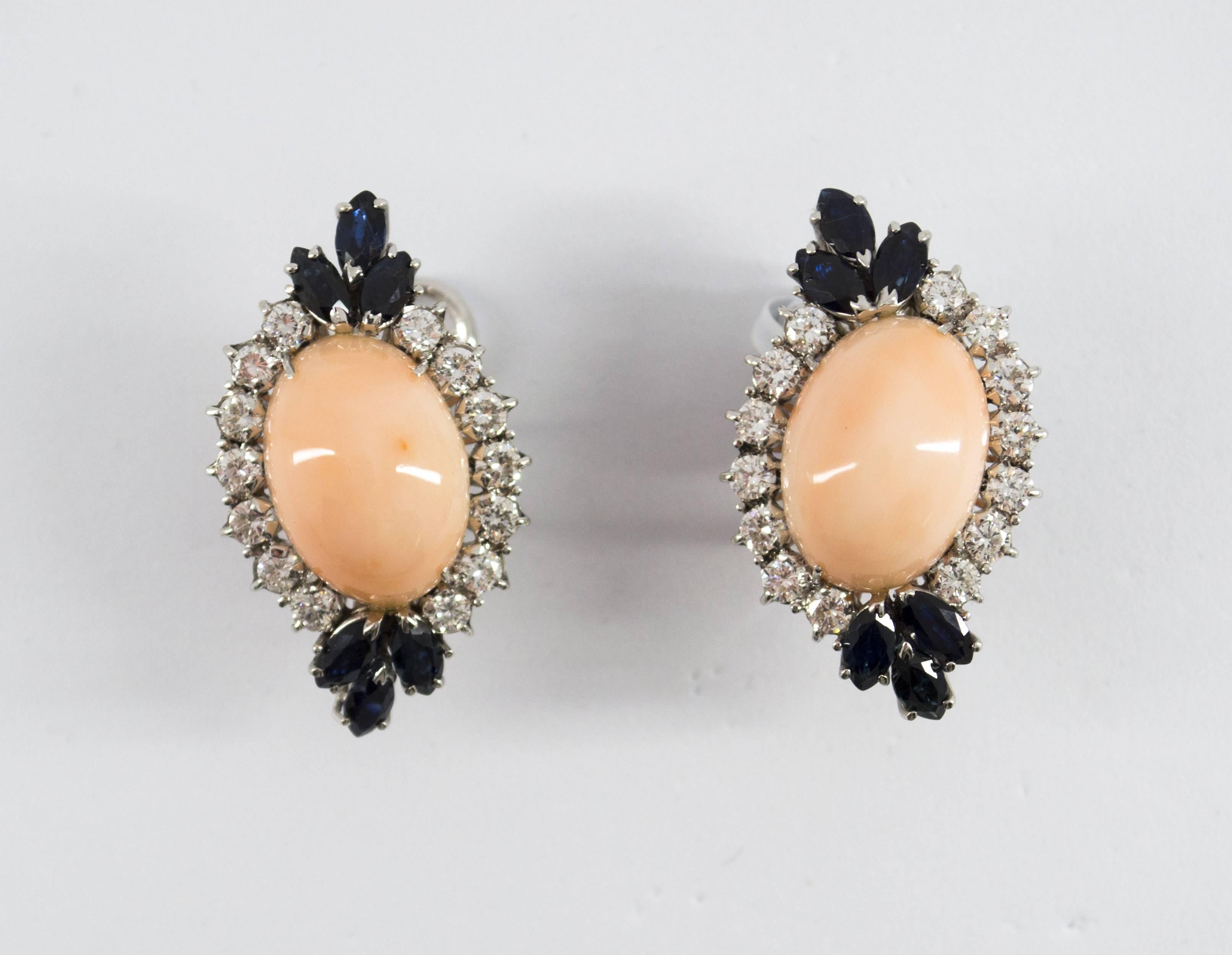 7.18 Carat White Diamond Blue Sapphire Pink Coral White Gold Clip-On Earrings In New Condition In Naples, IT
