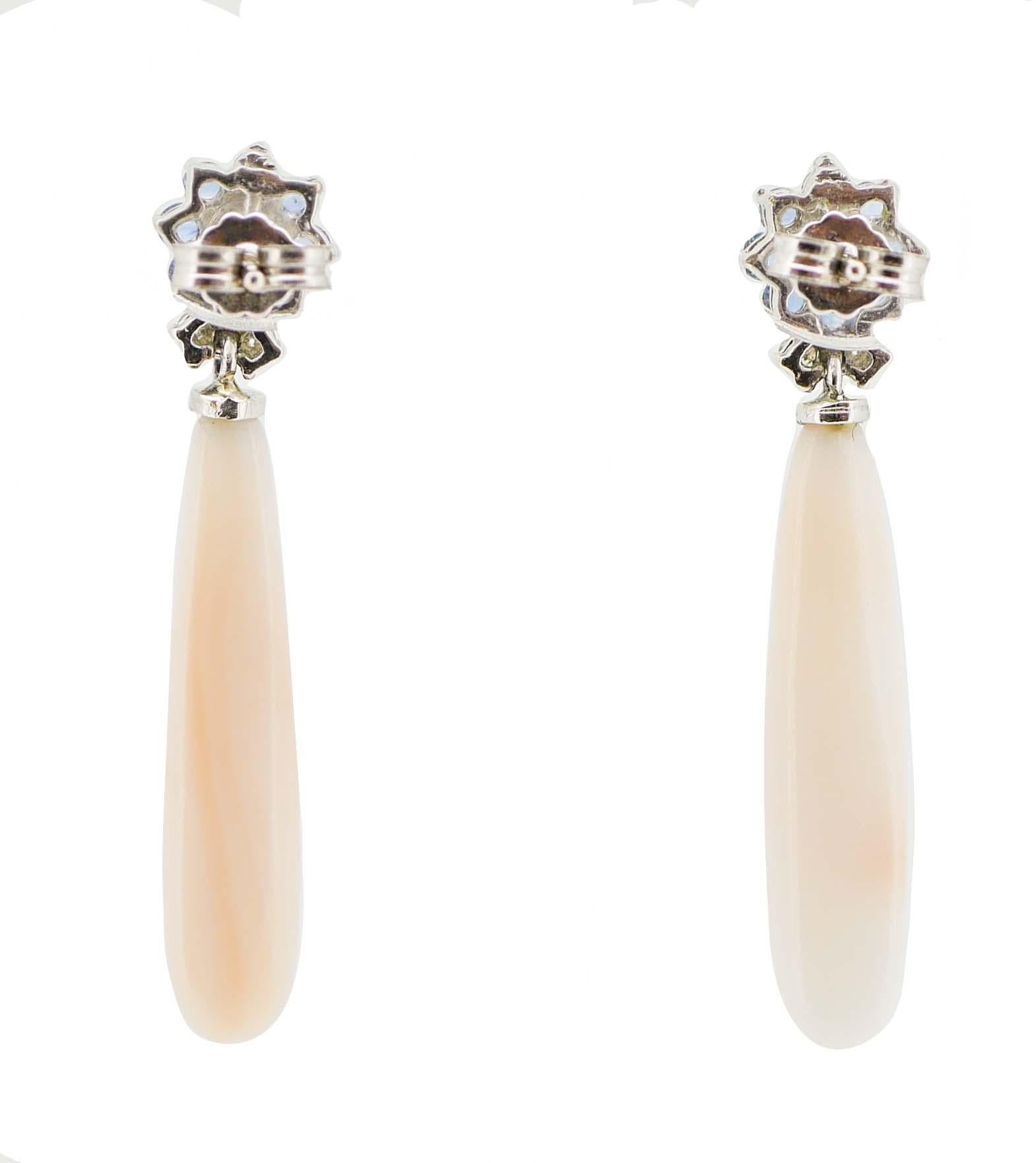 Retro Pink Coral, Sapphires, Diamonds, 14 Karat White Gold Dangle Earrings.