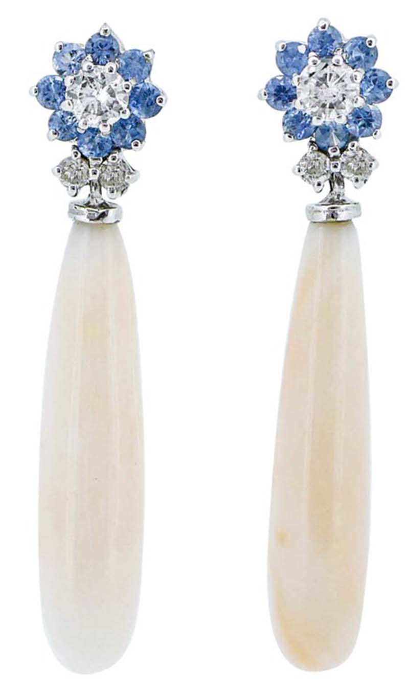 Pink Coral, Sapphires, Diamonds, 14 Karat White Gold Dangle Earrings.