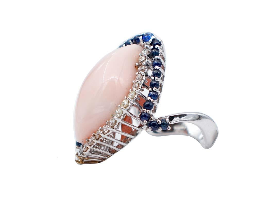Retro Pink Coral, Sapphires, Diamonds, 14 Karat White Gold Ring For Sale