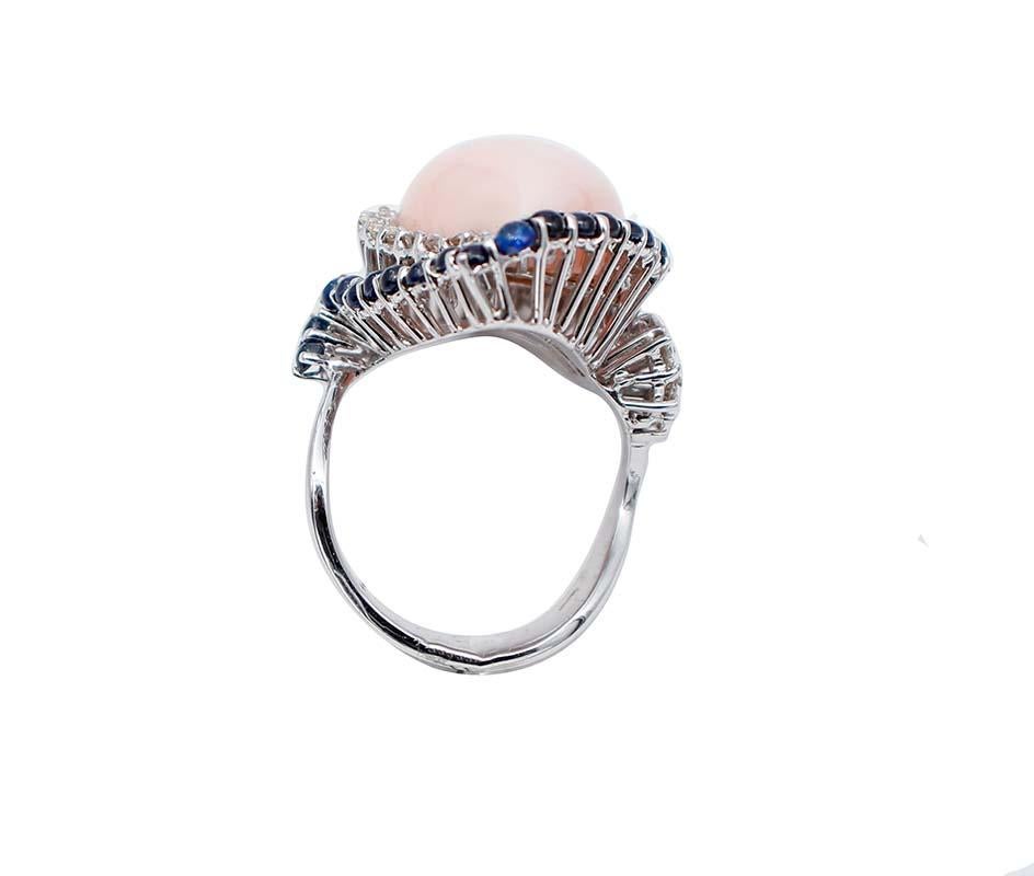 Mixed Cut Pink Coral, Sapphires, Diamonds, 14 Karat White Gold Ring For Sale