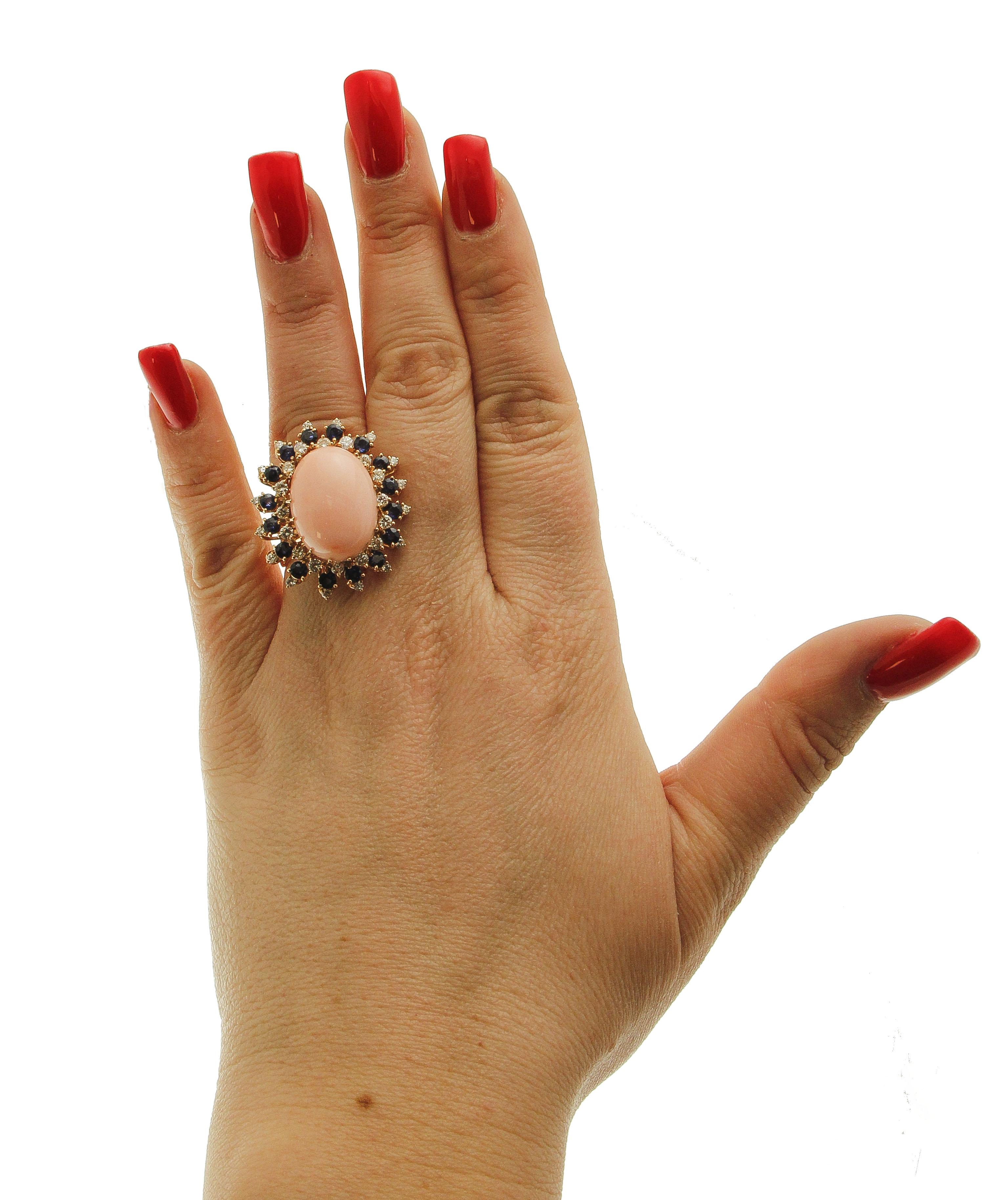 Retro Pink Coral, Blue Sapphires, Diamonds 18 Karat Rose Gold Ring For Sale