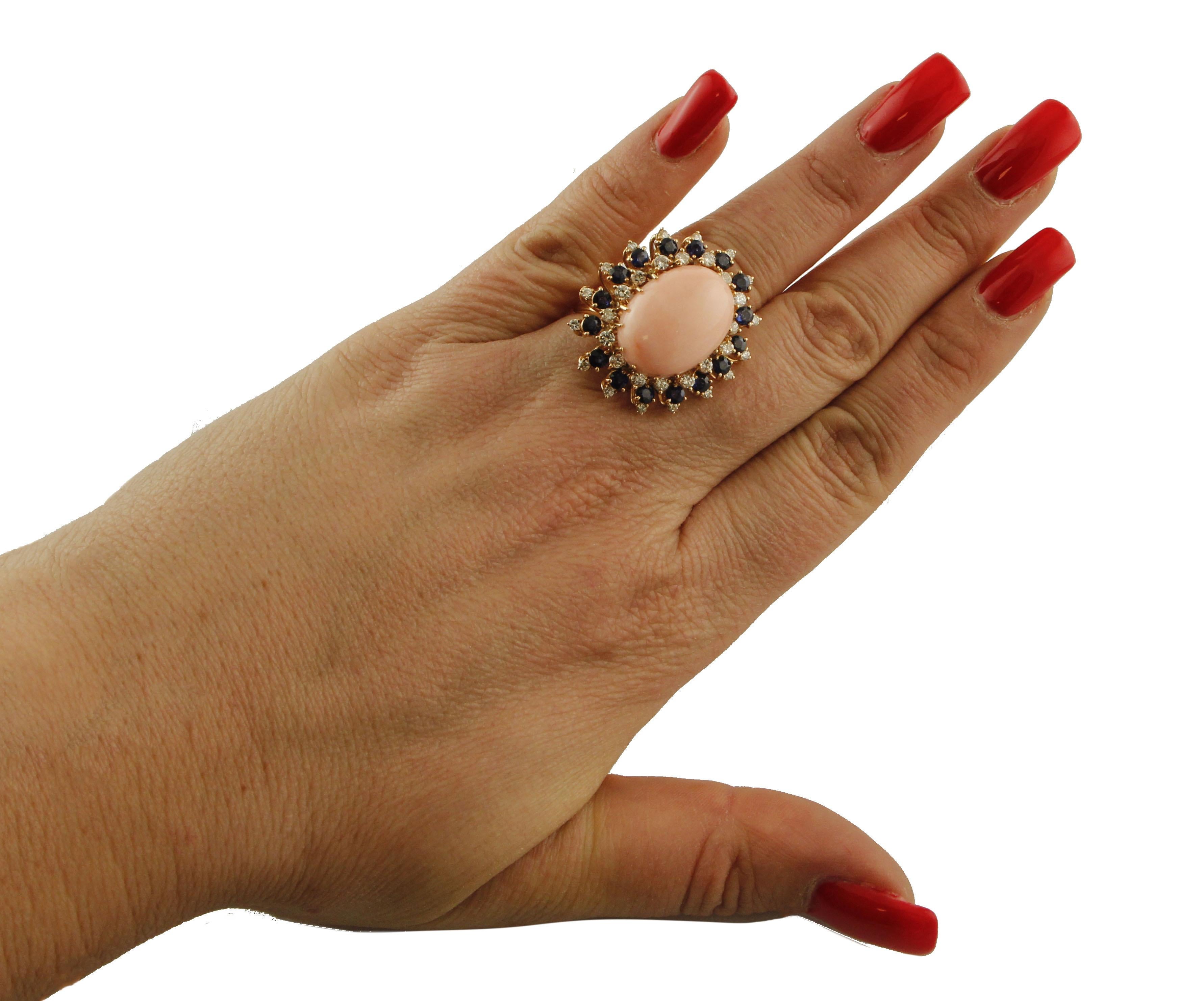 Oval Cut Pink Coral, Blue Sapphires, Diamonds 18 Karat Rose Gold Ring For Sale