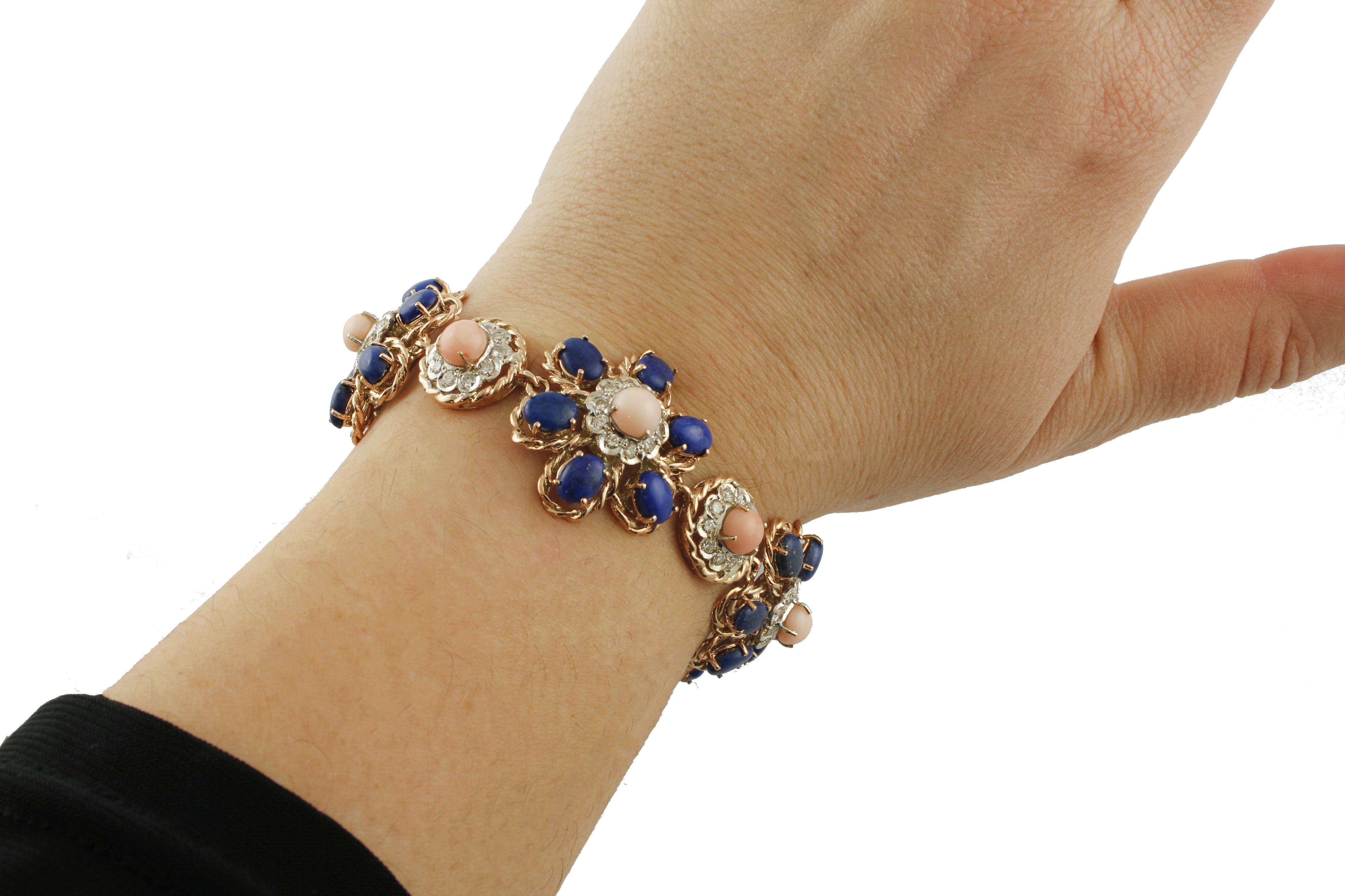 Women's Pink Corals, Diamonds, Lapis, Rose Gold Flowery Bracelet For Sale