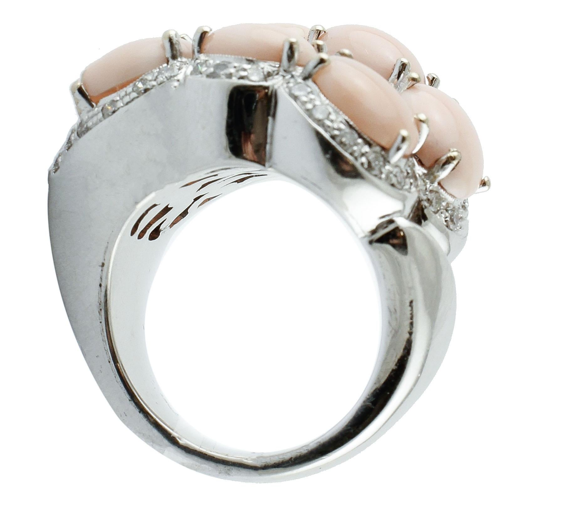 Brilliant Cut Pink Coral  Drops, Diamonds, White Gold Ring For Sale