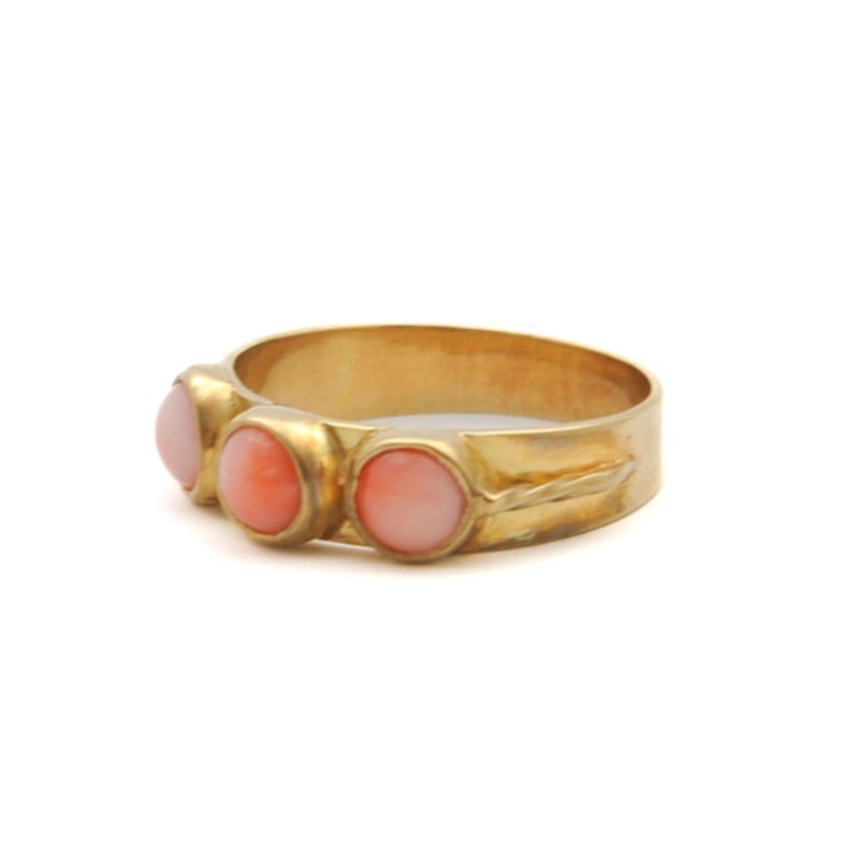 Pink Coral Triple Cabochon Stone 14k Gold Band Ring For Sale at 1stDibs