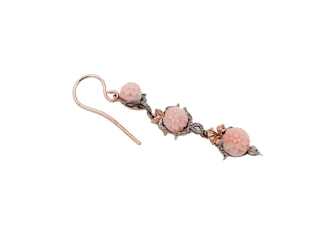 Retro Pink Coral, Diamonds, 9 Karat Rose Gold and Silver Dangle Earrings