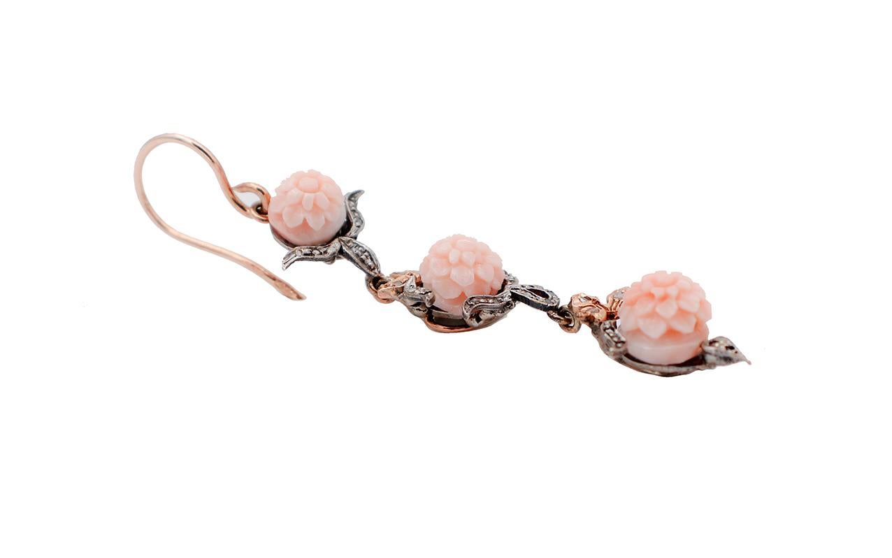 Mixed Cut Pink Coral, Diamonds, 9 Karat Rose Gold and Silver Dangle Earrings