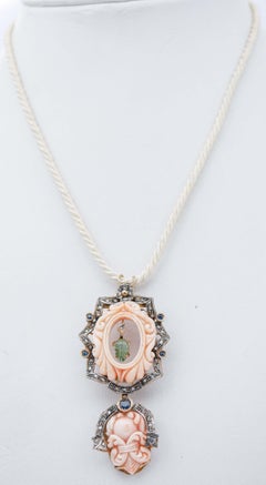Rosa Koralle, Smaragd, Saphire, Diamanten, 14Kt Gold und Silber Anhänger Halsband