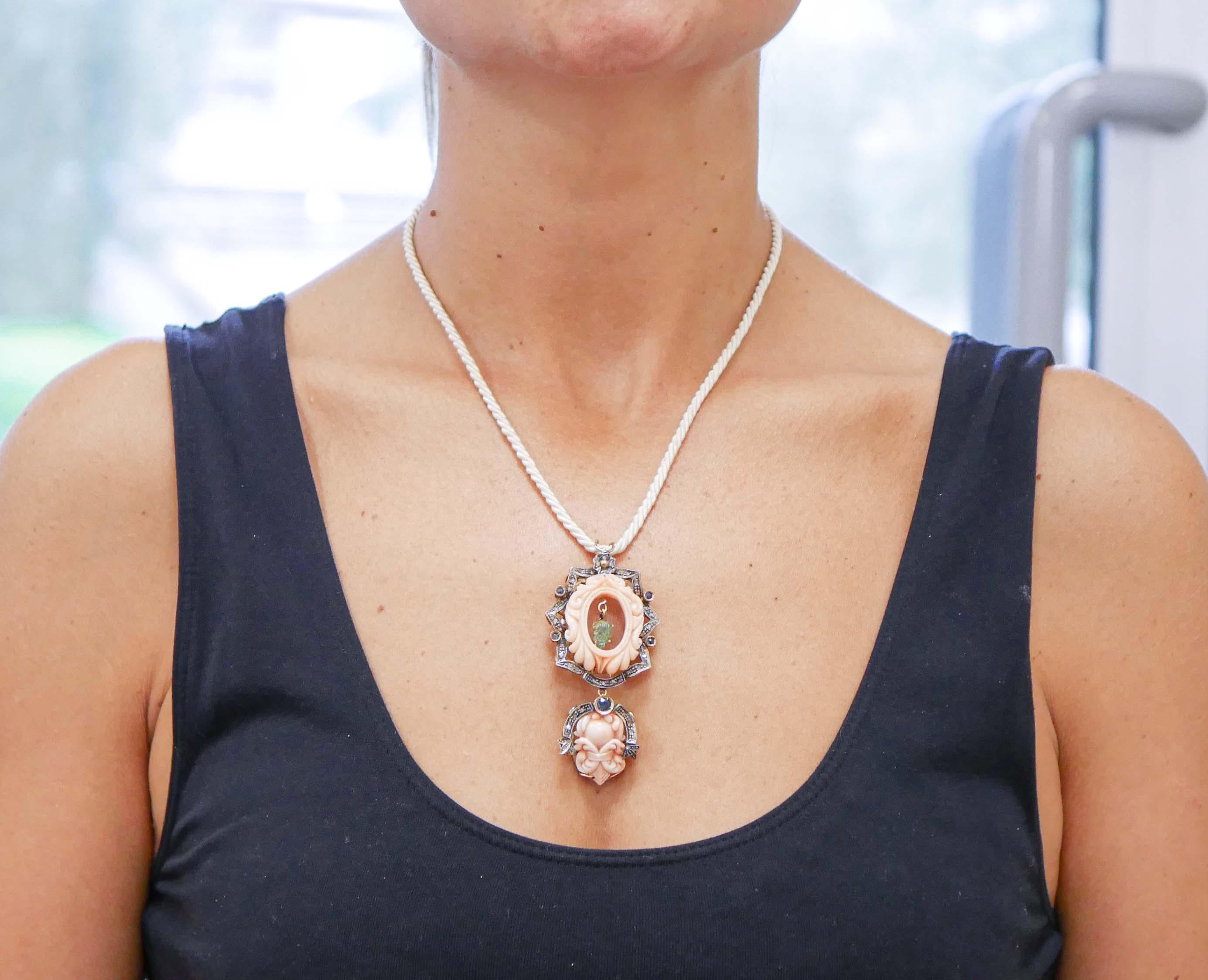 Mixed Cut Pink Coral, Emerald, Sapphires, Diamonds, 14Kt Gold and Silver Pendant Neck For Sale
