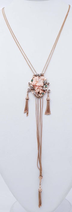 Pink Coral, Emeralds, Diamonds, 14 Karat Rose Gold and Silver Necklace.