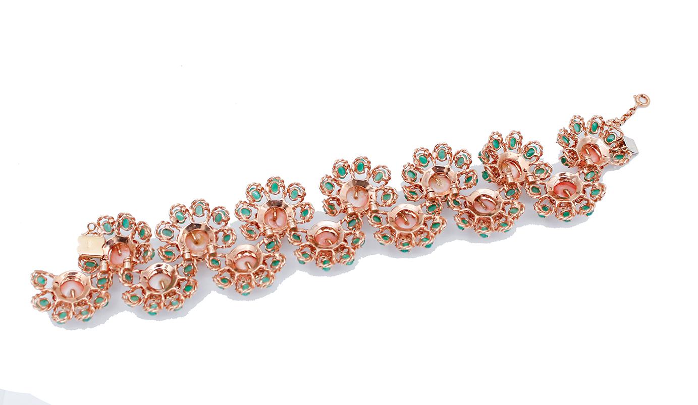 Retro Pink Coral, Emeralds, Diamonds, 18 Karat Rose Gold Bracelet For Sale