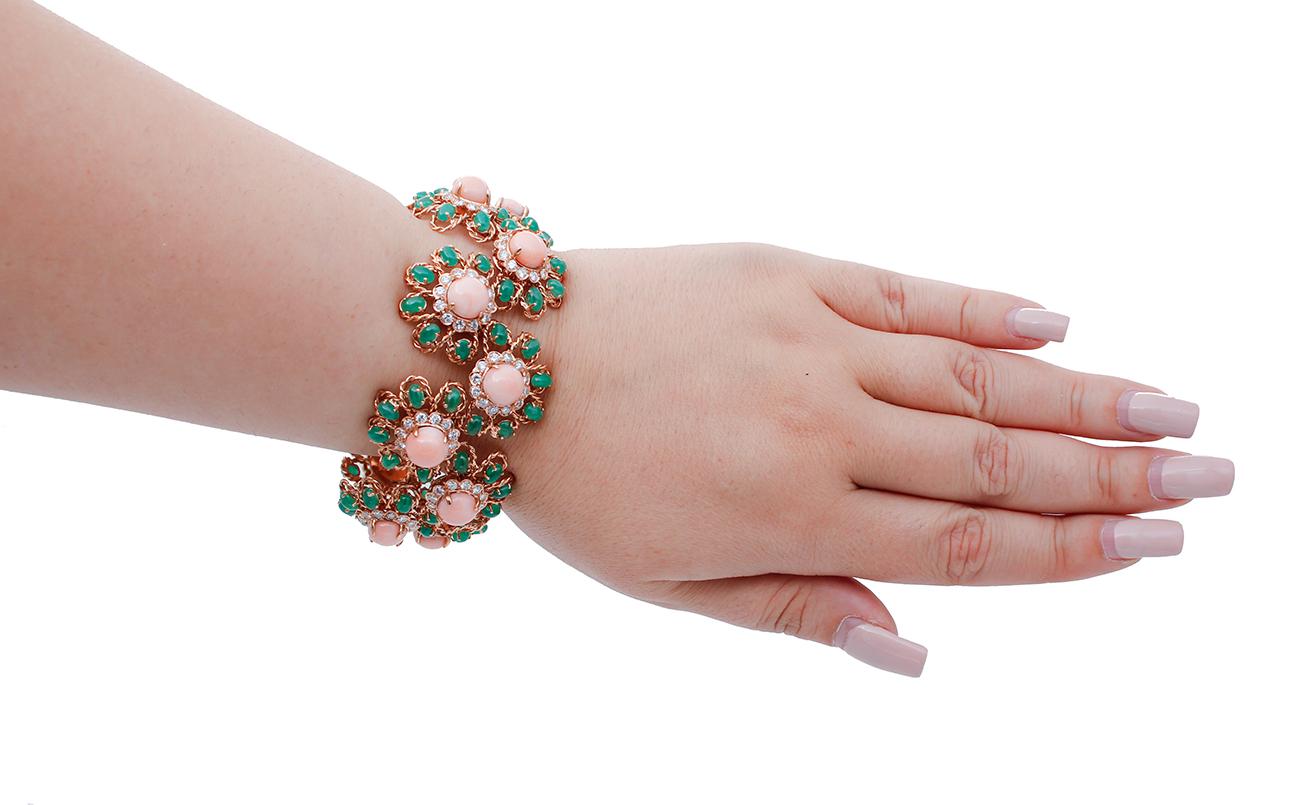 Mixed Cut Pink Coral, Emeralds, Diamonds, 18 Karat Rose Gold Bracelet For Sale