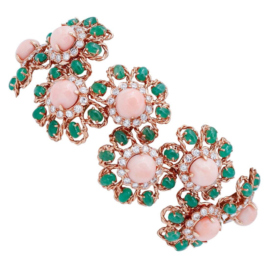 Pink Coral, Emeralds, Diamonds, 18 Karat Rose Gold Bracelet For Sale