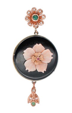 Coral, Emeralds, Diamonds, Rubies, Onyx, 9 Karat Rose Gold and Silver Earrings