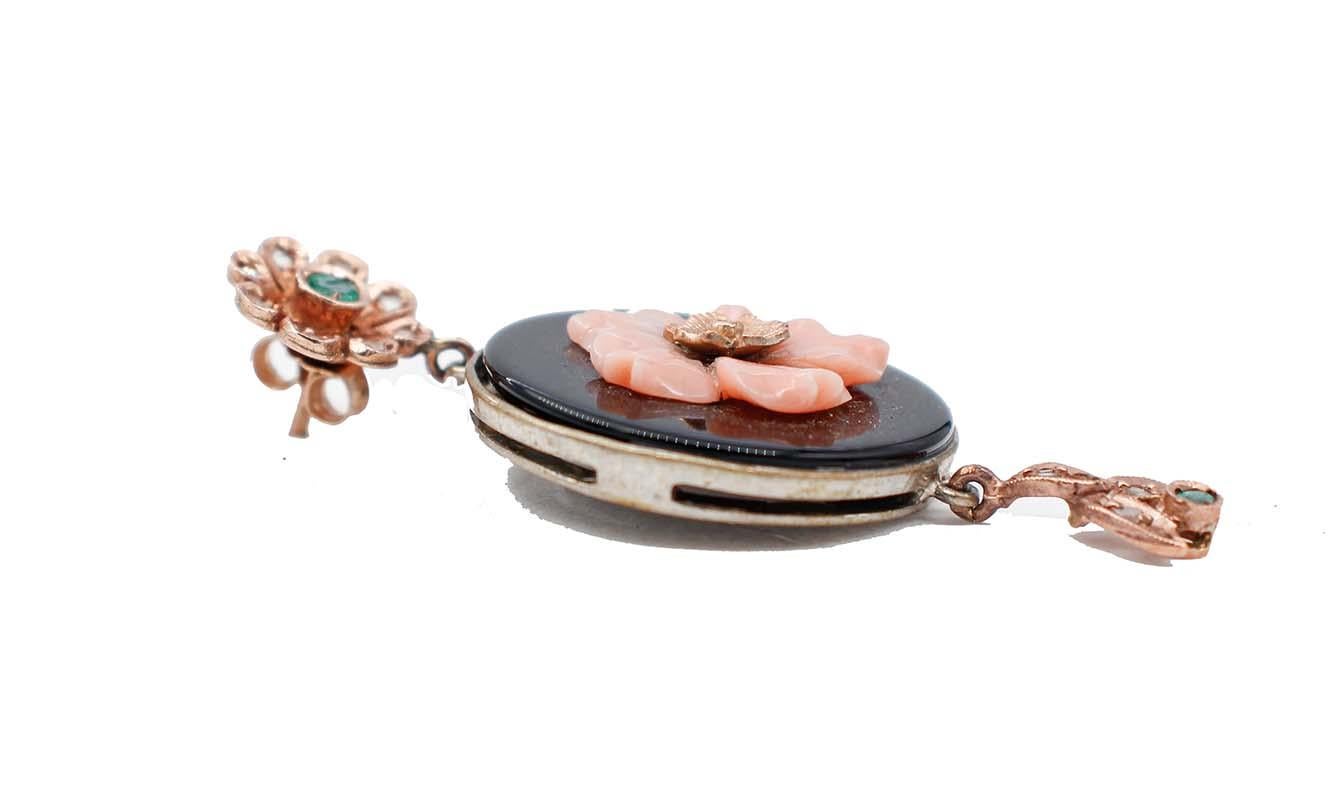 Pendientes de Coral, Esmeraldas, Diamantes, Rubíes, Ónix, Oro Rosa y Plata de 9 Kilates Corte mixto en venta