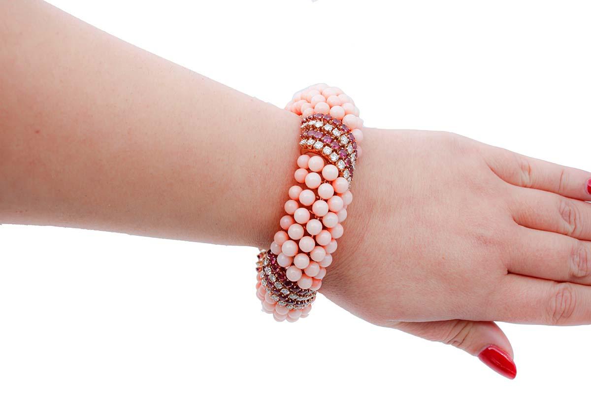 Retro Pink Coral, Garnet, Diamonds, 14 Karat Rose Gold Bracelet.