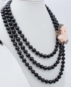 Pink Coral, Onyx, Emeralds, Rubies, Sapphires, 9Kt Rose Gold and Silver Necklac