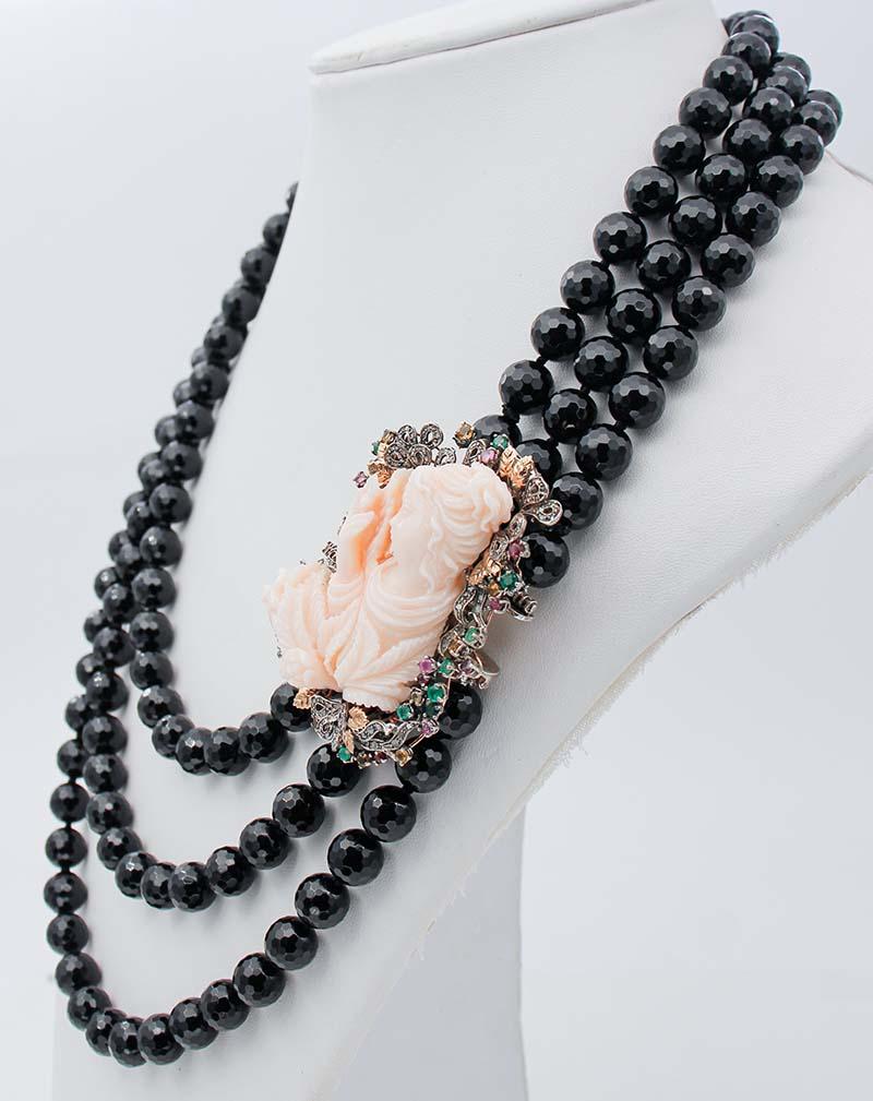 Retro Pink Coral, Onyx, Emeralds, Rubies, Sapphires, 9Kt Rose Gold and Silver Necklac For Sale