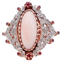 Pink Coral, Rubies, Diamonds, 9 Karat Rose Gold and Silver Ring
