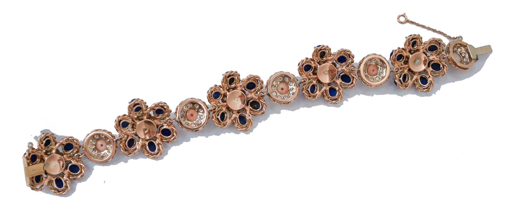 Retro Pink Corals, Diamonds, Lapis, Rose Gold Flower Bracelet For Sale