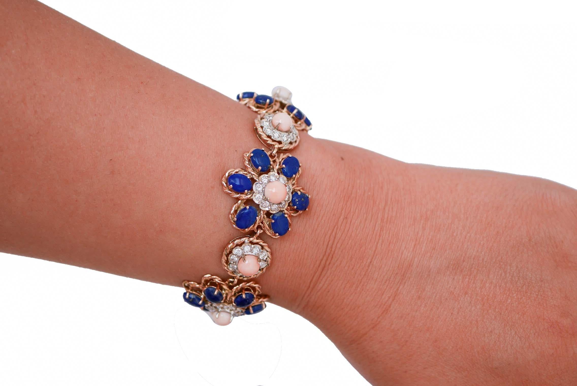 Brilliant Cut Pink Corals, Diamonds, Lapis, Rose Gold Flower Bracelet For Sale