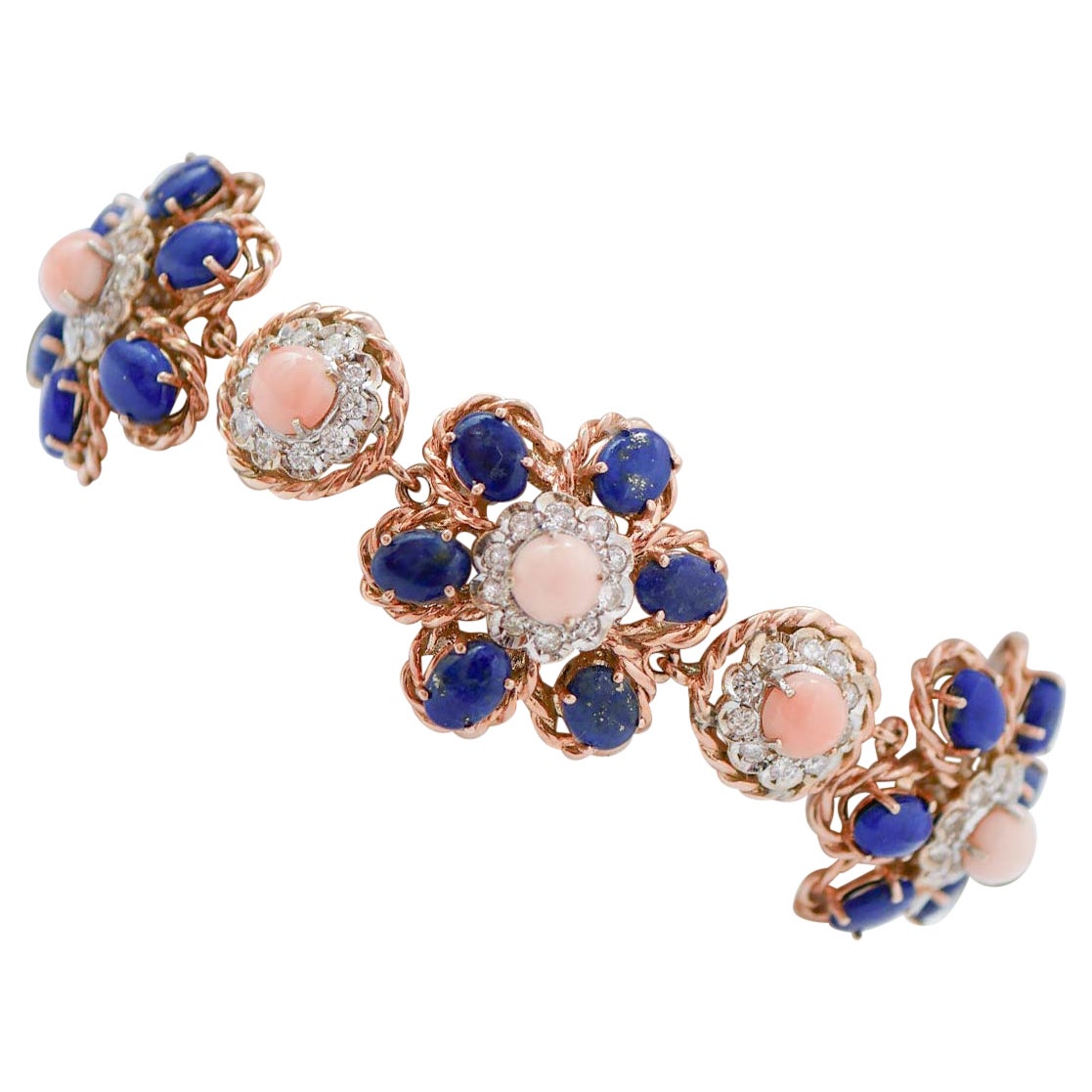 Pink Corals, Diamonds, Lapis, Rose Gold Flower Bracelet For Sale
