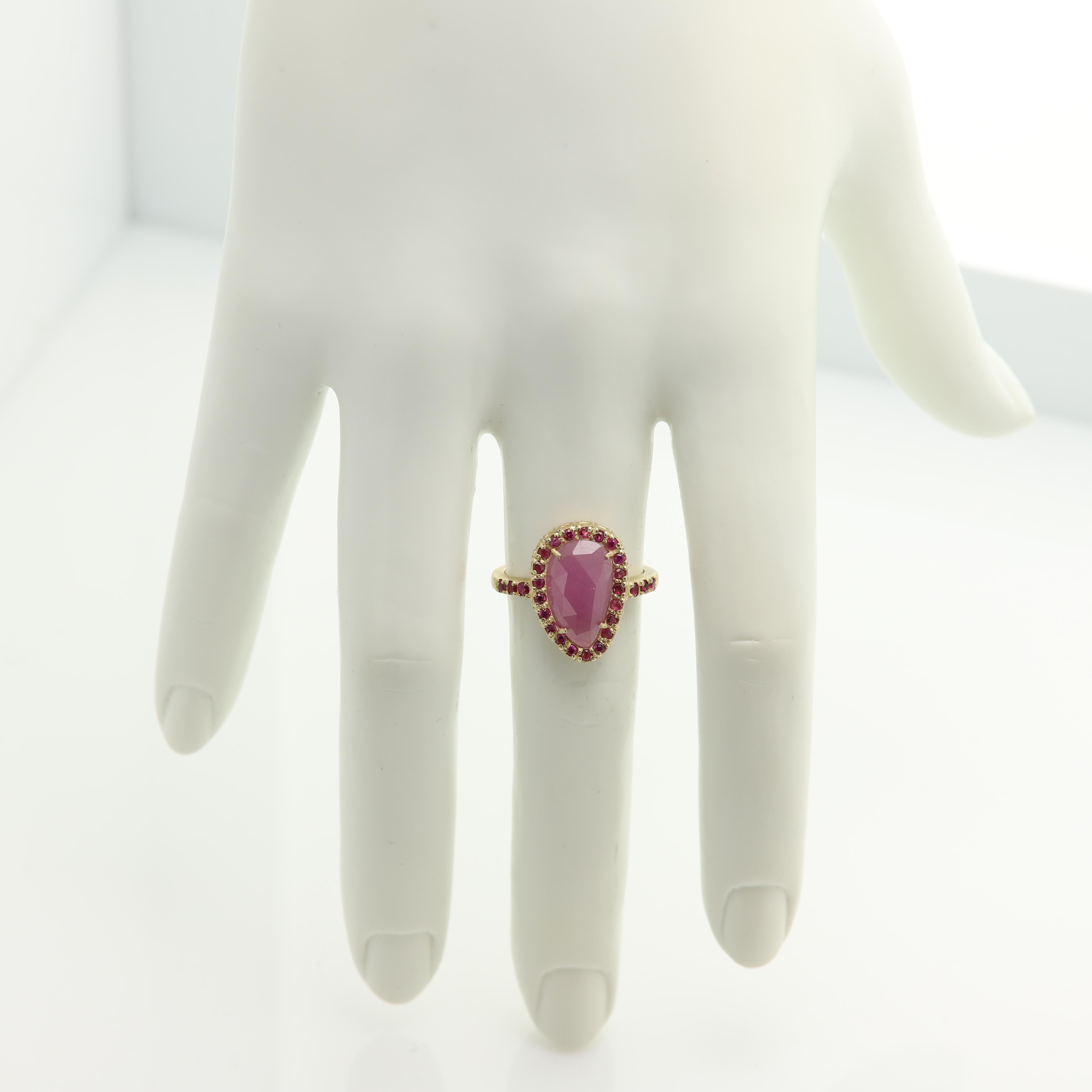 Vintage Pink Corundum (ruby family) & Red Sapphire - Hand Made in Italy
14k Yellow Gold 4.60 grams - mat finish (not shiney gold)
Round Red Sapphires 0.58 carat 
Center Corundum is a 
