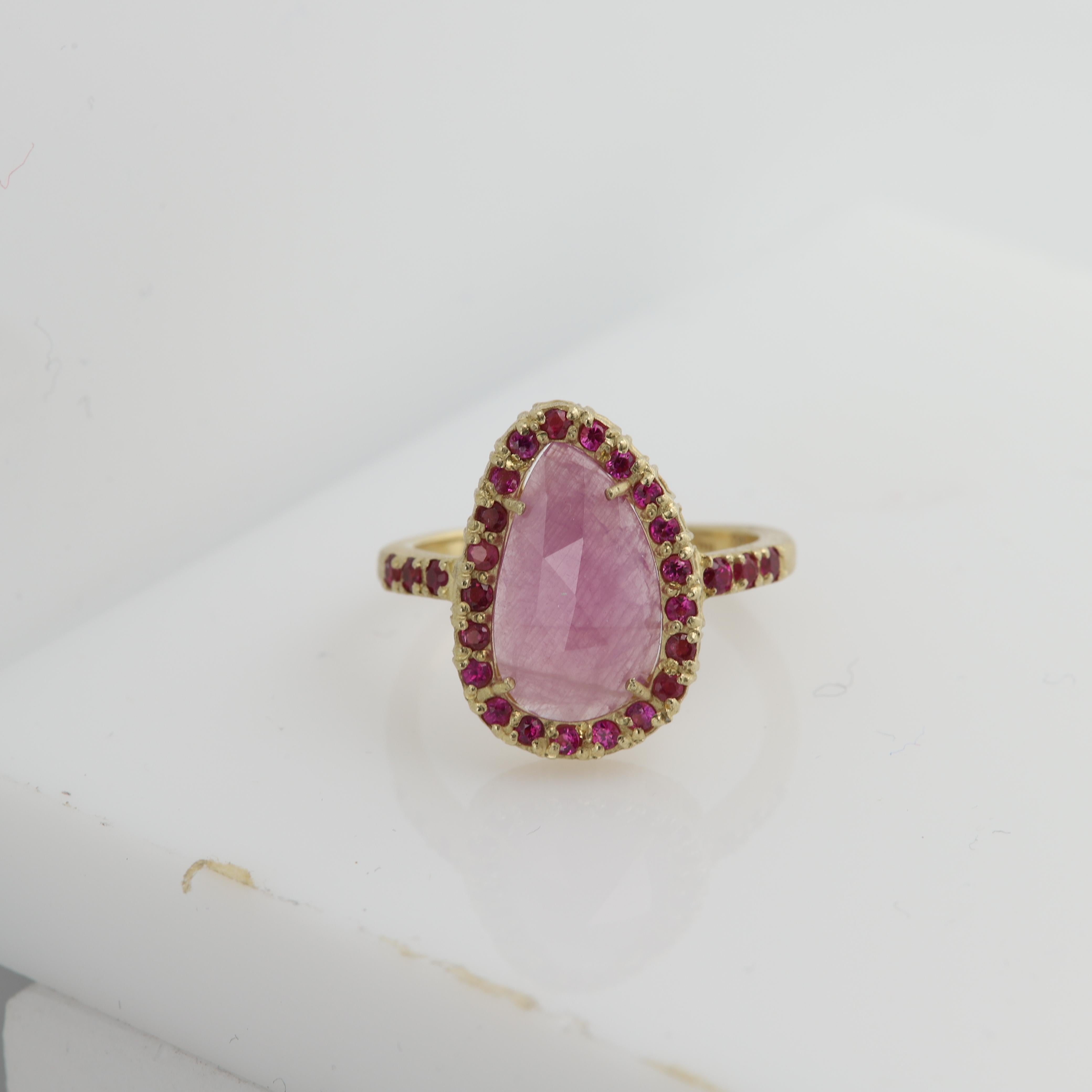 Old Mine Cut Pink Corundum Sliced Gem & Red Sapphires Ring 14 Karat Gold Vintage Red Ring For Sale