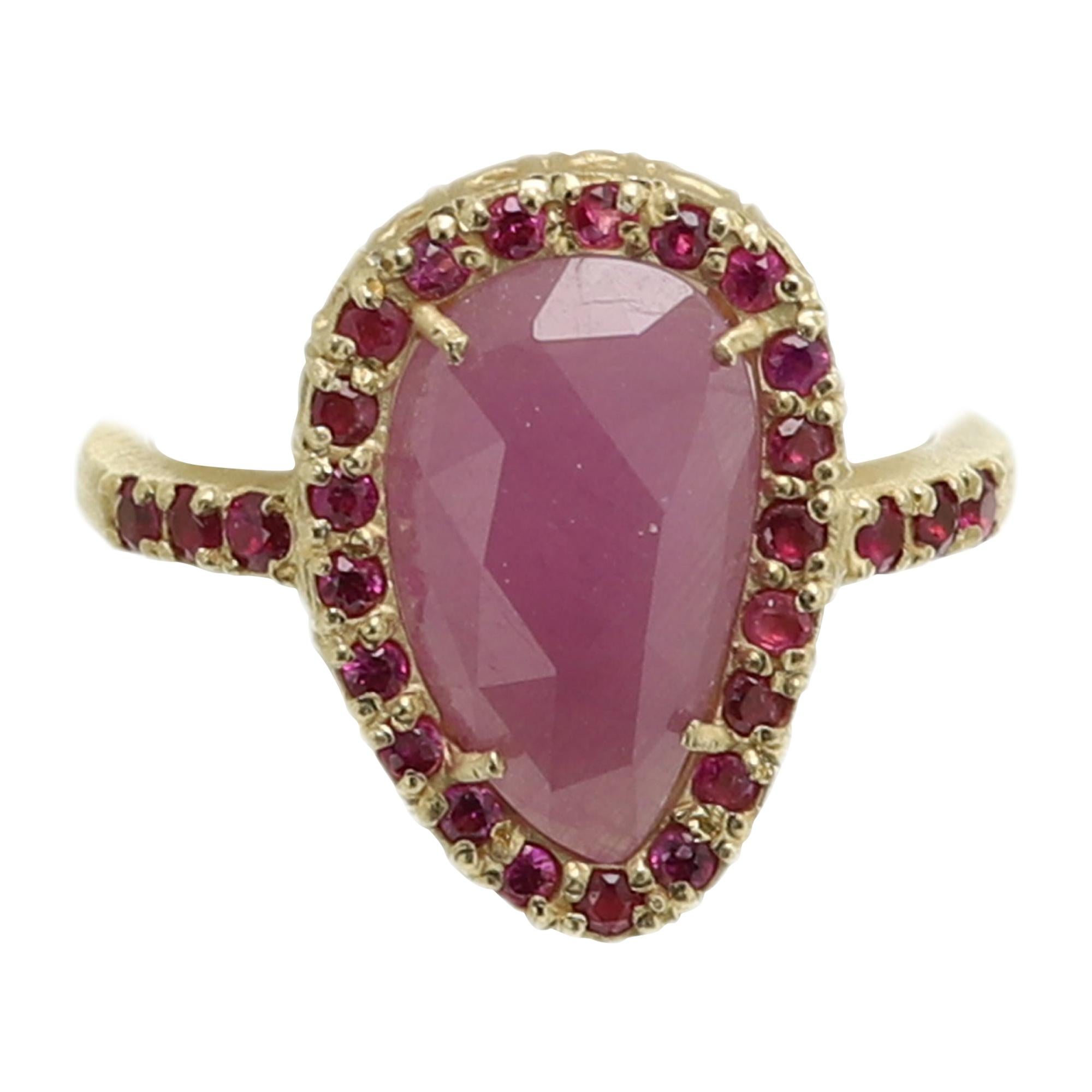 Pink Corundum Sliced Gem & Red Sapphires Ring 14 Karat Gold Vintage Red Ring