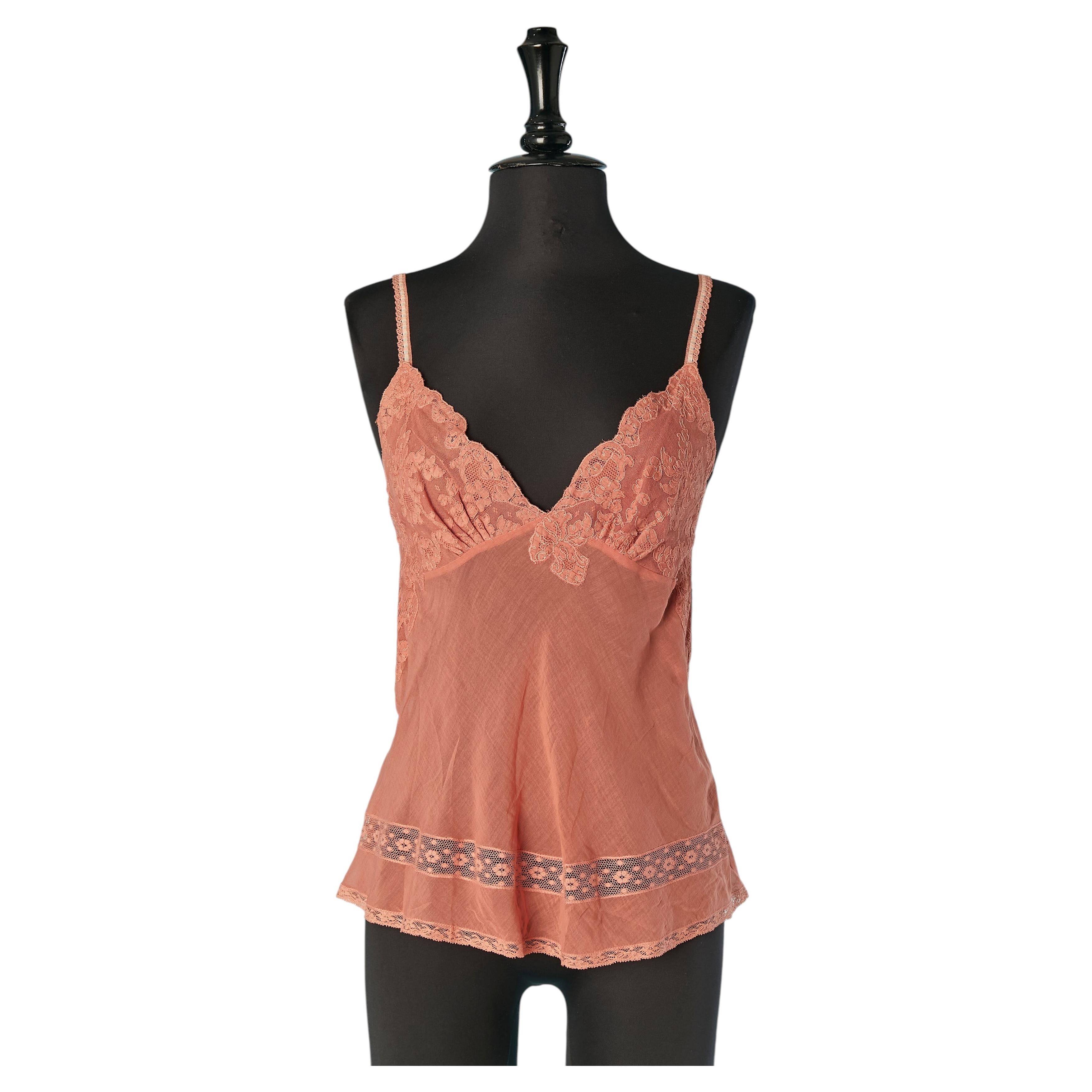Top rosa in cotone e seta con inserto in pizzo LOLITA LEMPICKA in vendita