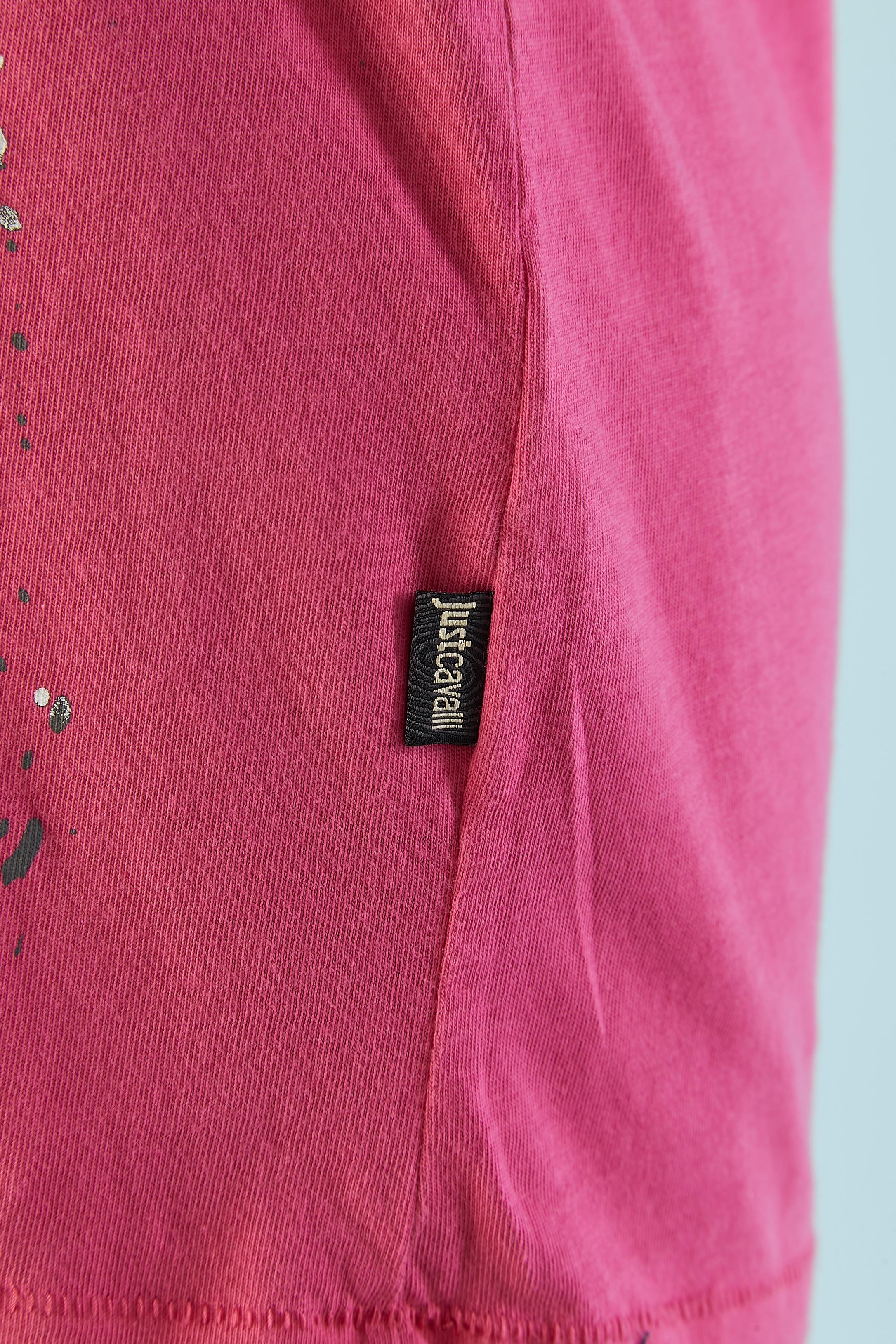 Pink cotton jersey tee-shirt with splashes print Just Cavalli In Excellent Condition For Sale In Saint-Ouen-Sur-Seine, FR