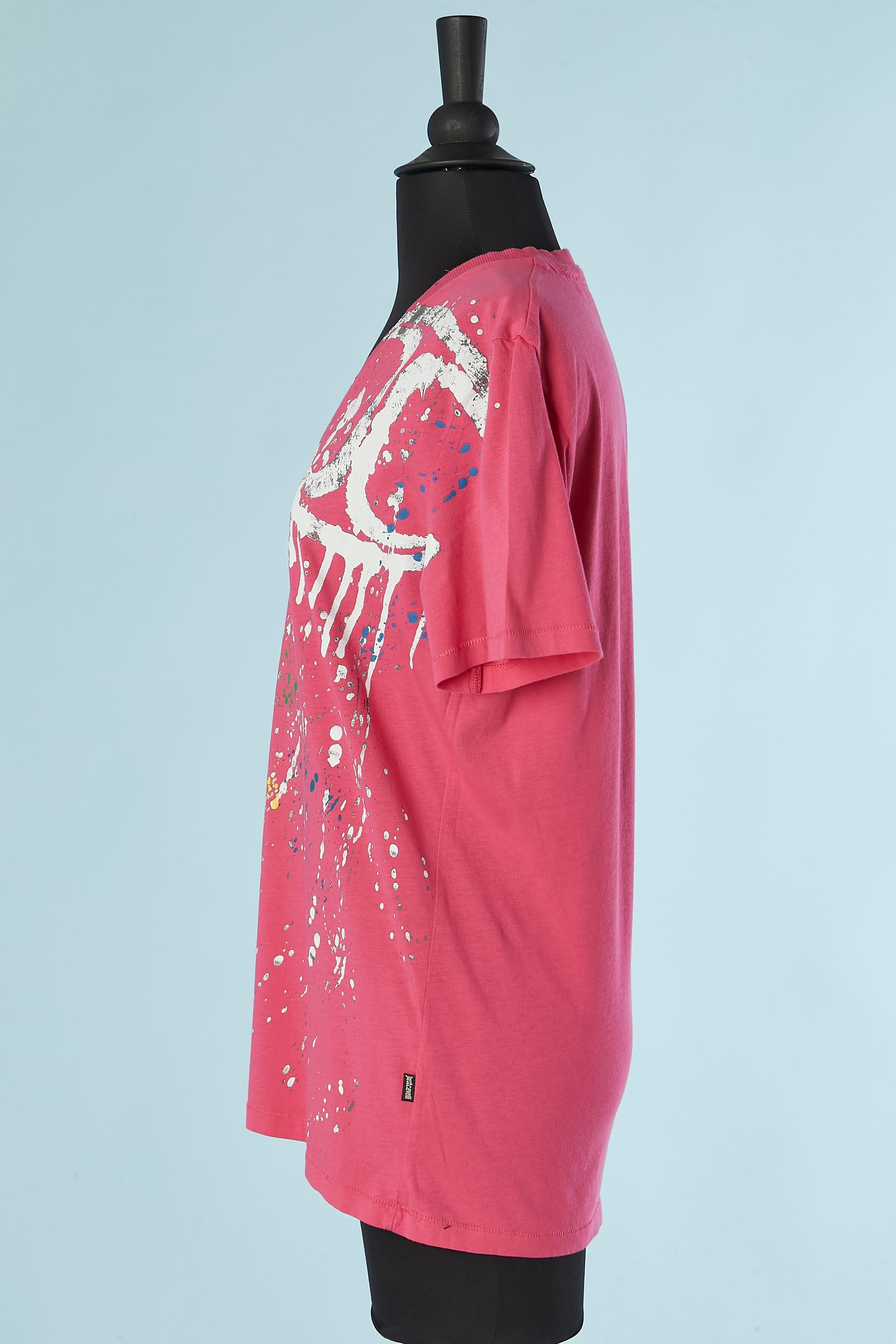 Women's Pink cotton jersey tee-shirt with splashes print Just Cavalli For Sale