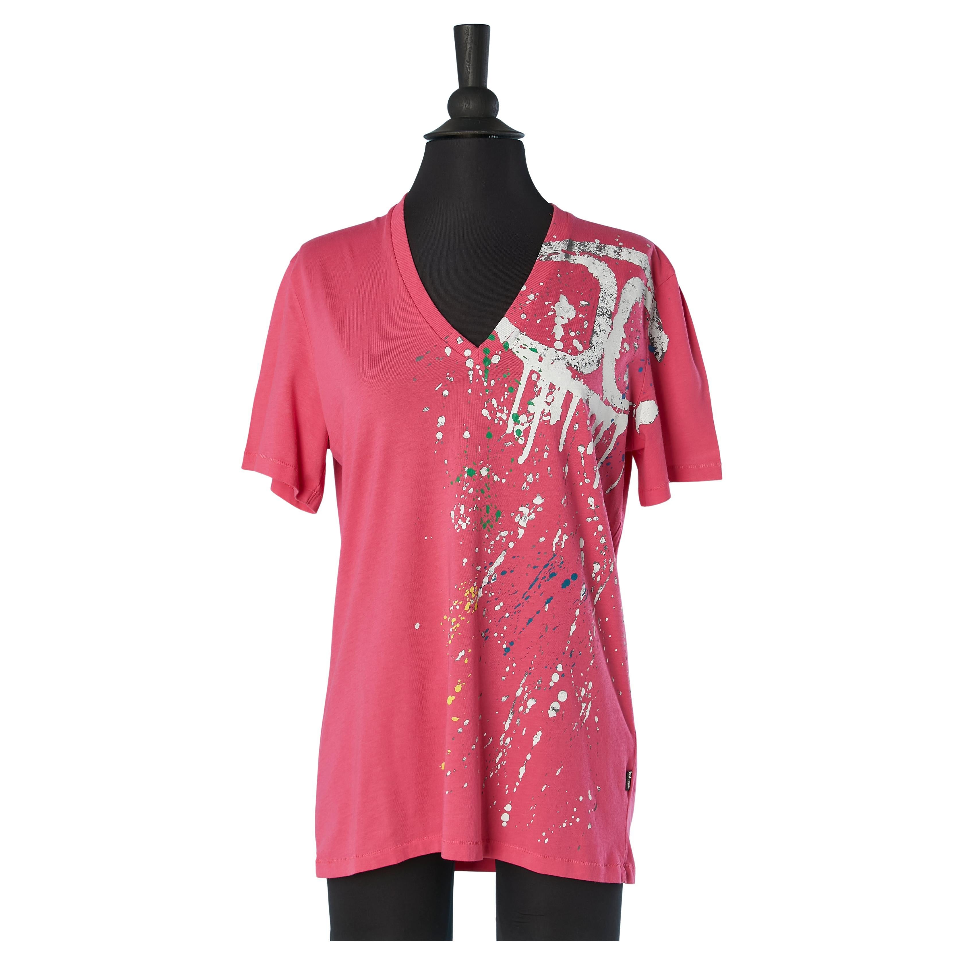 Pink cotton jersey tee-shirt with splashes print Just Cavalli For Sale
